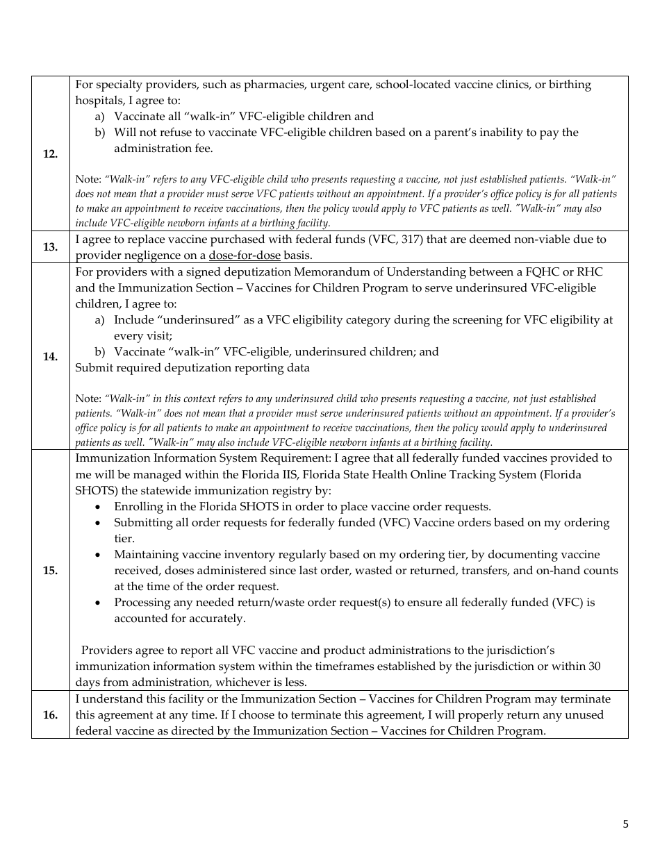 Vaccines for Children Program Provider Agreement - Florida, Page 5