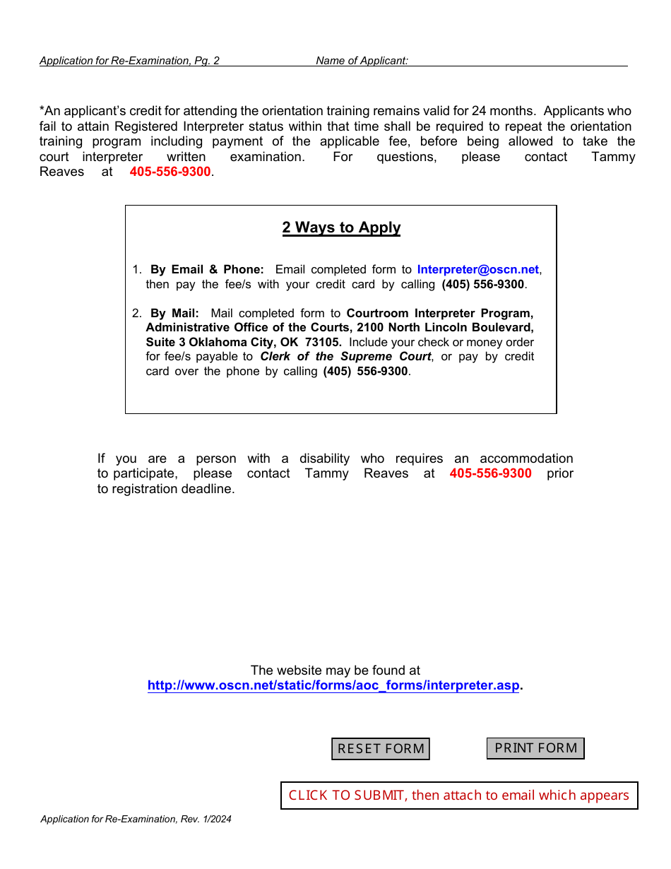 Application for Re-examination - Registered Courtroom Interpreter Training Program - Oklahoma, Page 2