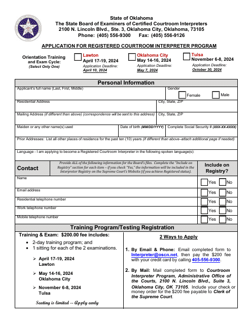 Application for Registered Courtroom Interpreter Program - Oklahoma Download Pdf