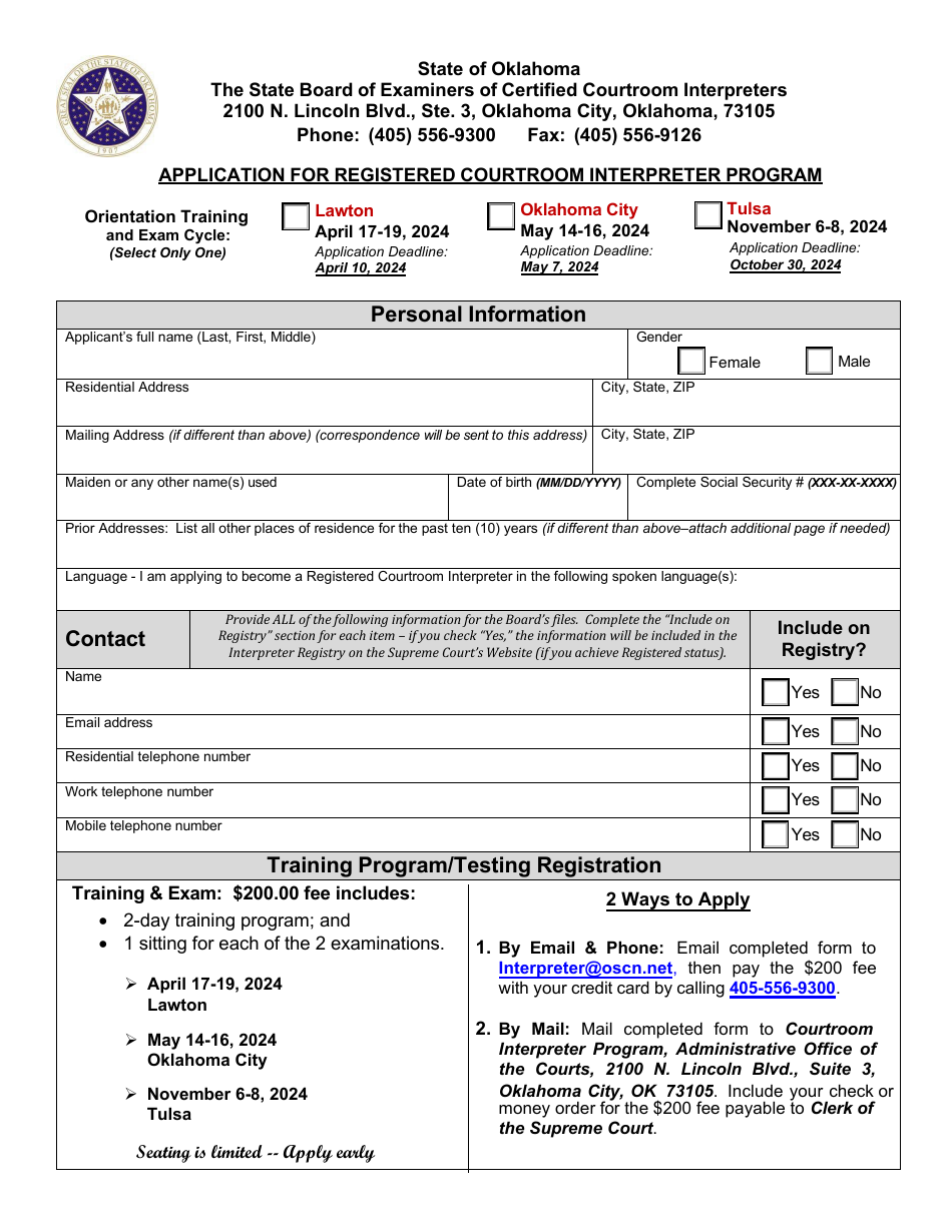 Application for Registered Courtroom Interpreter Program - Oklahoma, Page 1