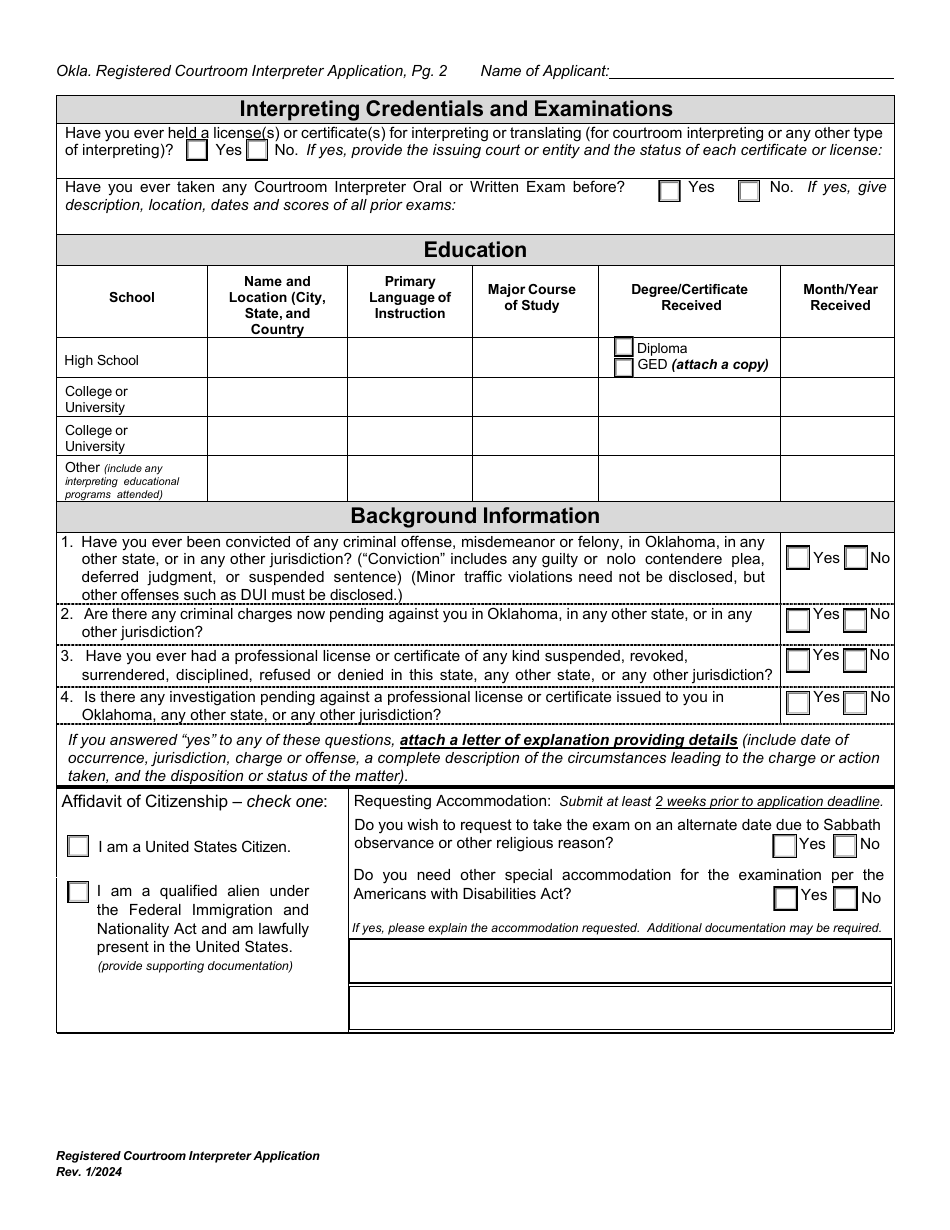 Application for Registered Courtroom Interpreter Program - Oklahoma, Page 2