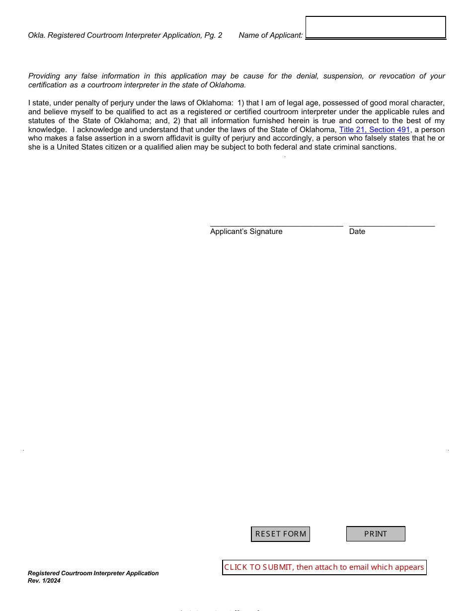Application for Registered Courtroom Interpreter Program - Oklahoma, Page 3