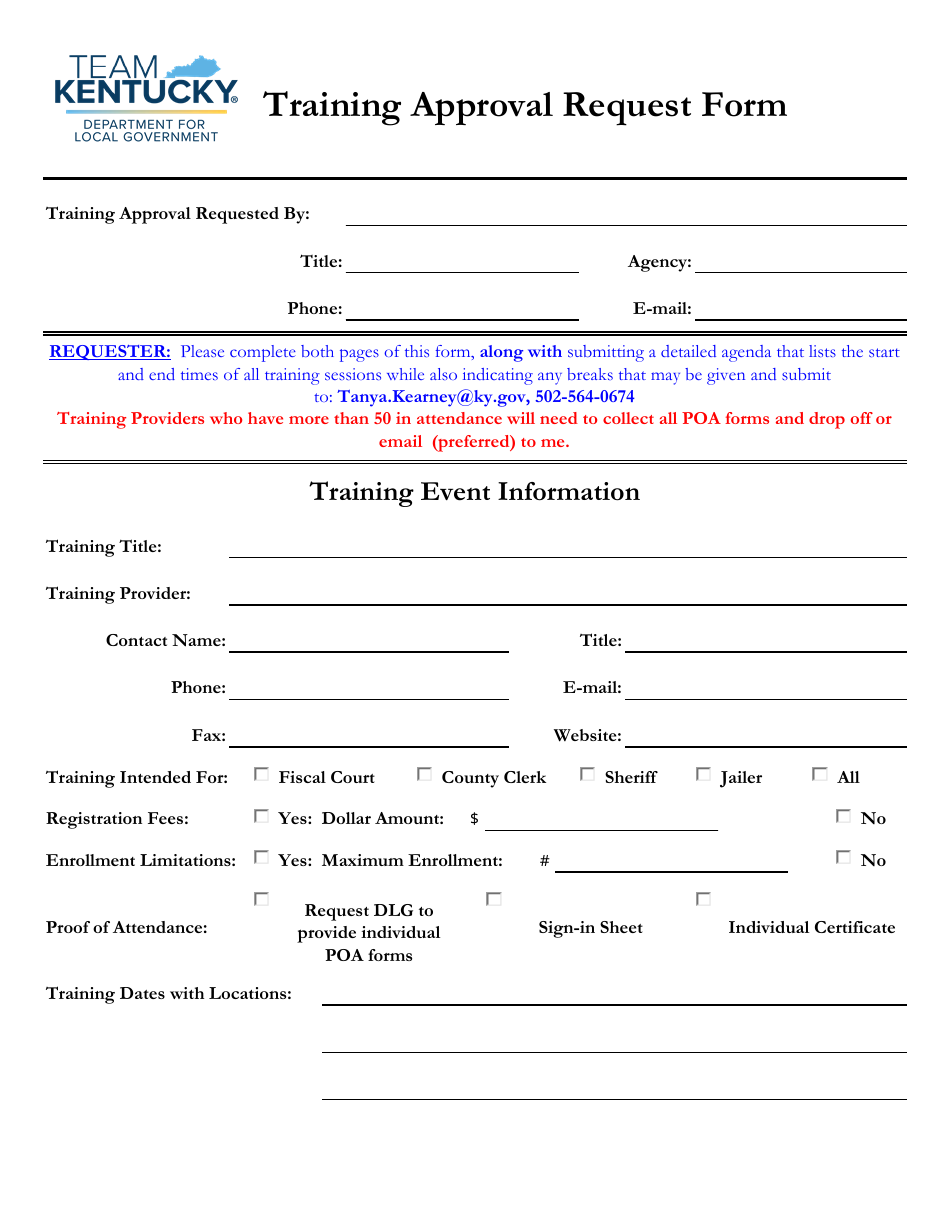 Training Approval Request Form - Kentucky, Page 1