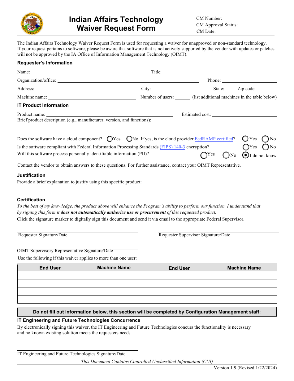 Indian Affairs Technology Waiver Request Form, Page 1