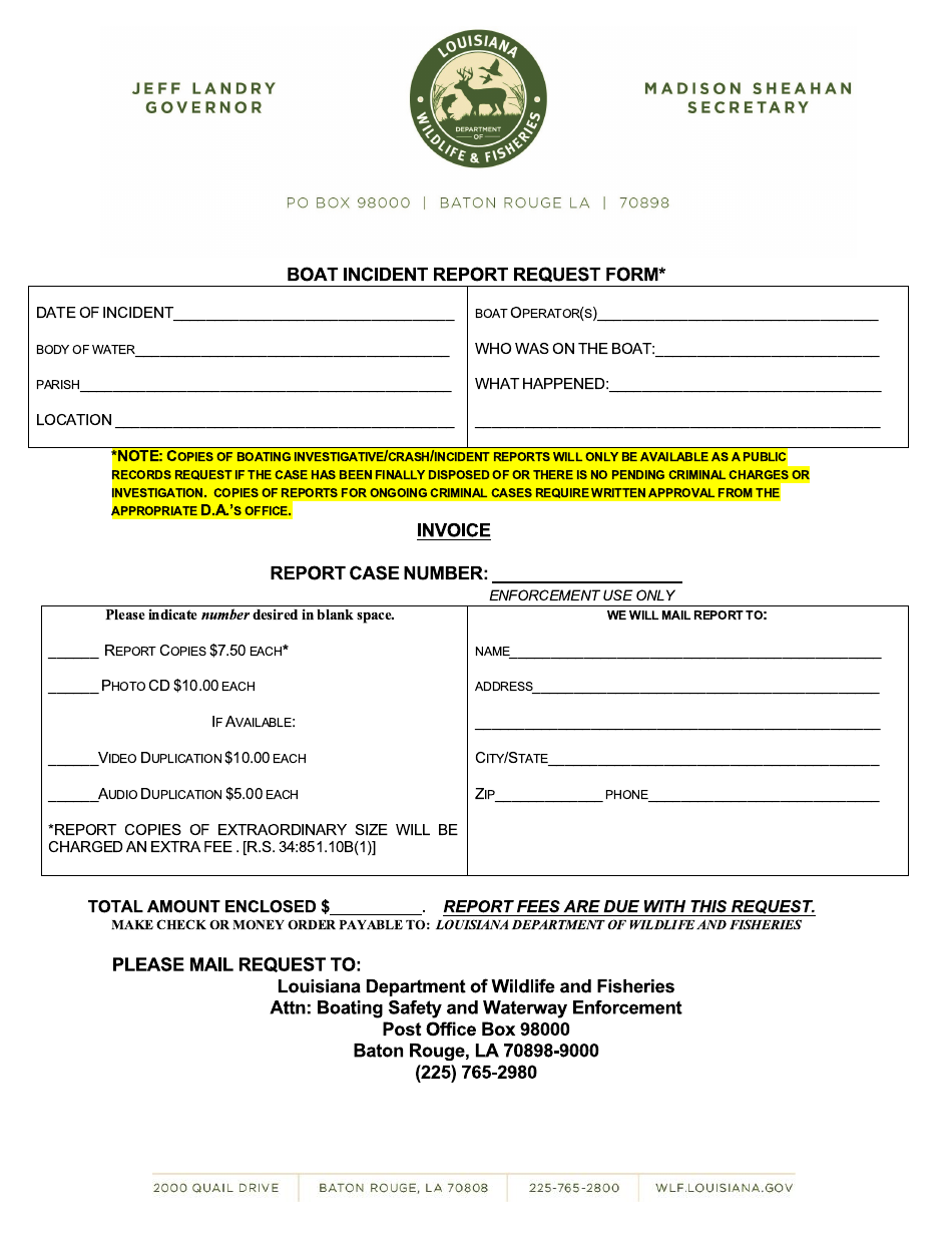 Boat Incident Report Request Form - Louisiana, Page 1