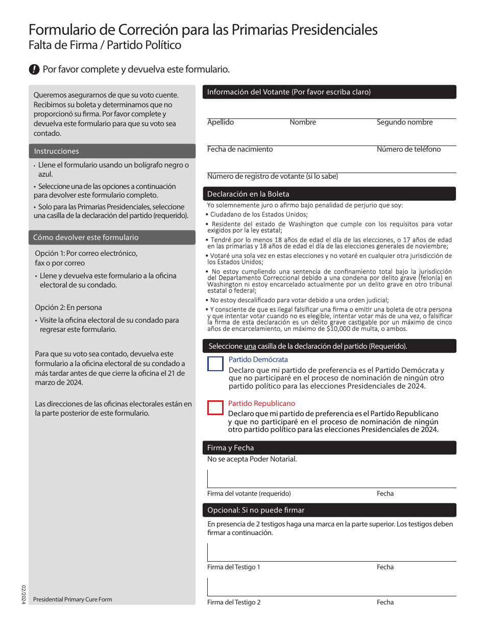 Formulario De Correcion Para Las Primarias Presidenciales - Falta De Firma / Partido Politico - Washington (Spanish), Page 1