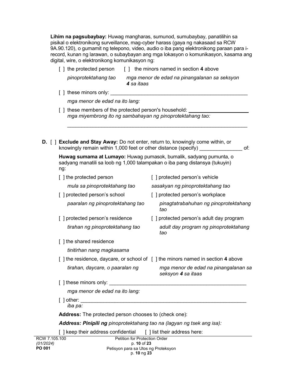 Form PO001 Petition for Protection Order - Washington (English / Tagalog), Page 10