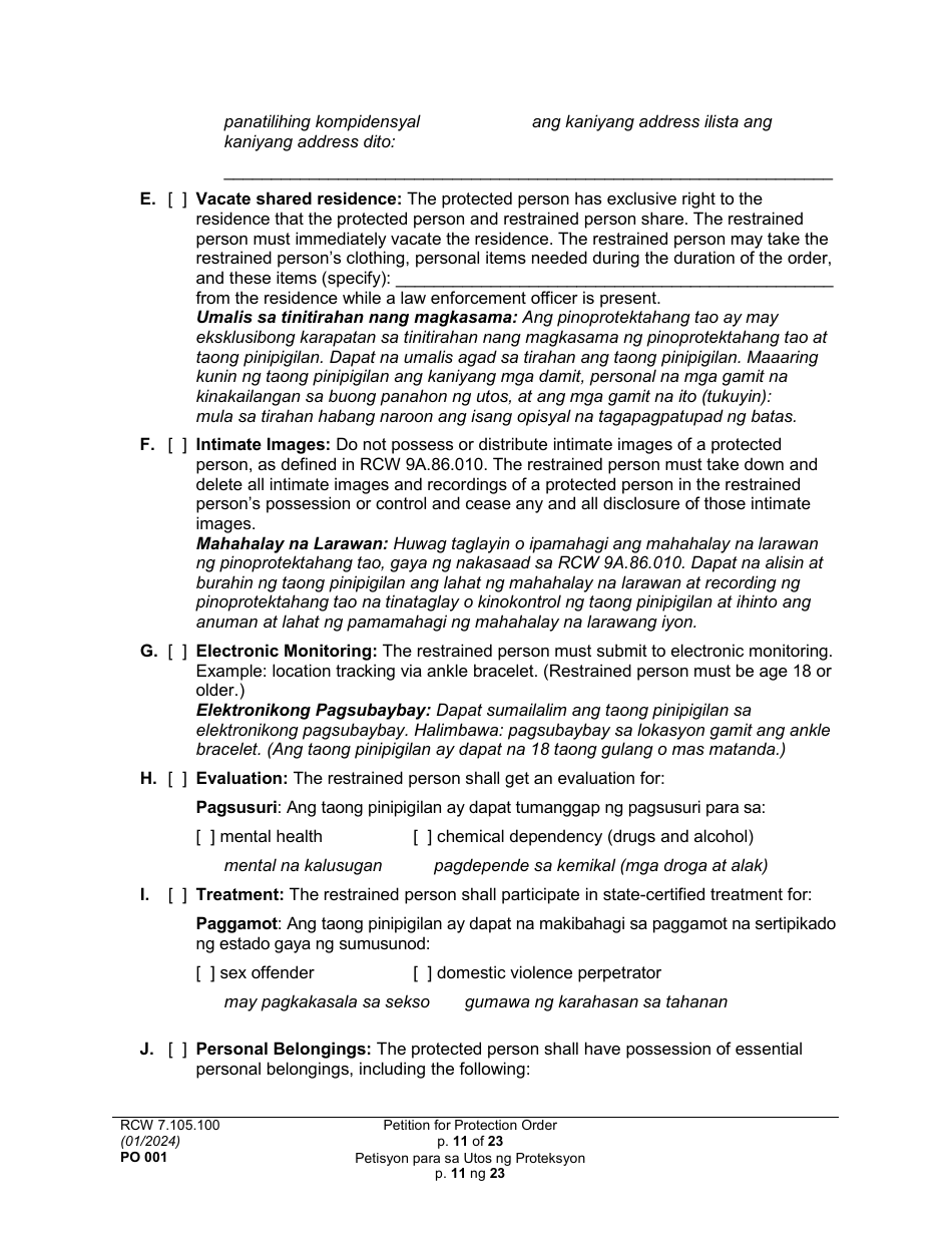 Form PO001 Petition for Protection Order - Washington (English / Tagalog), Page 11