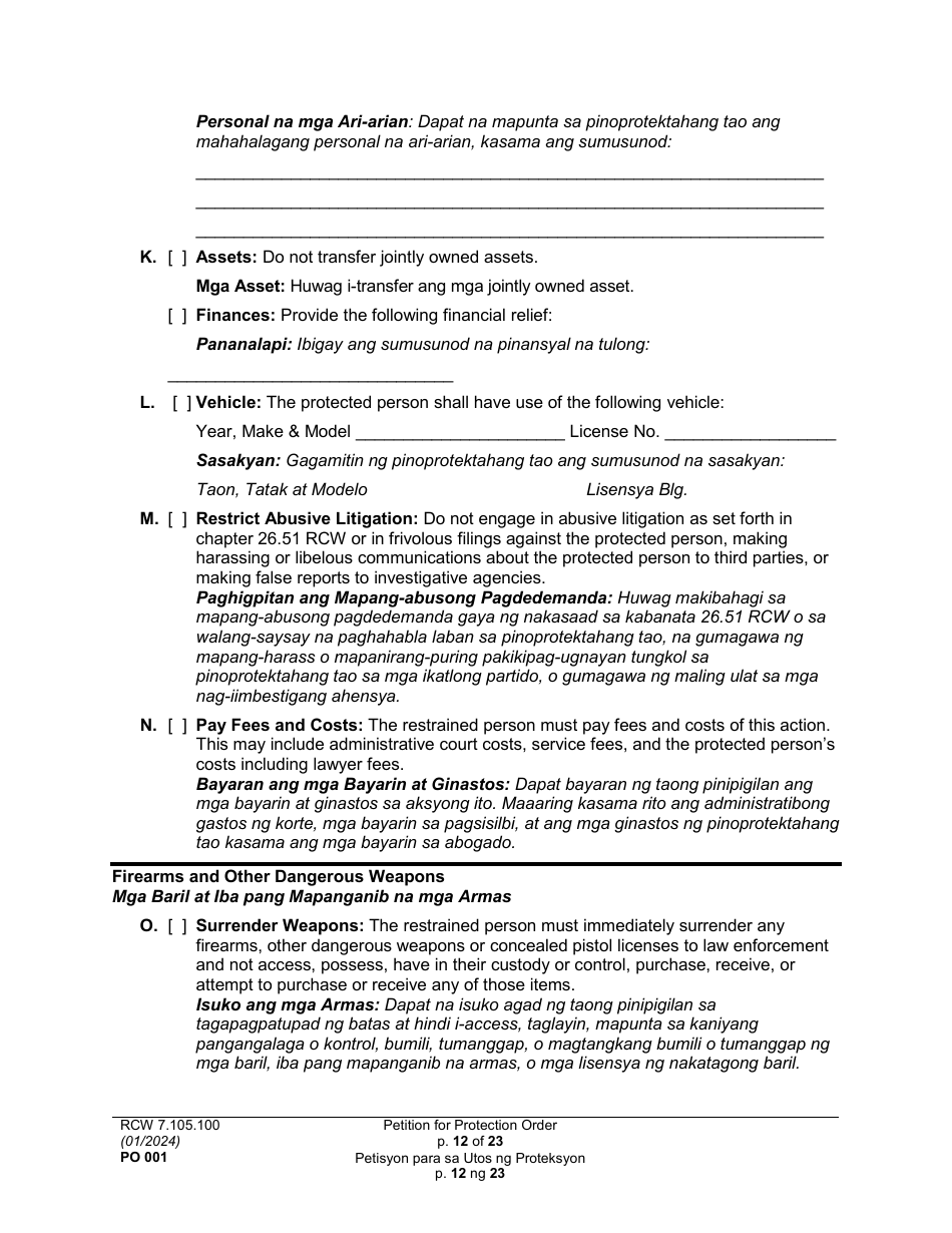 Form PO001 Petition for Protection Order - Washington (English / Tagalog), Page 12
