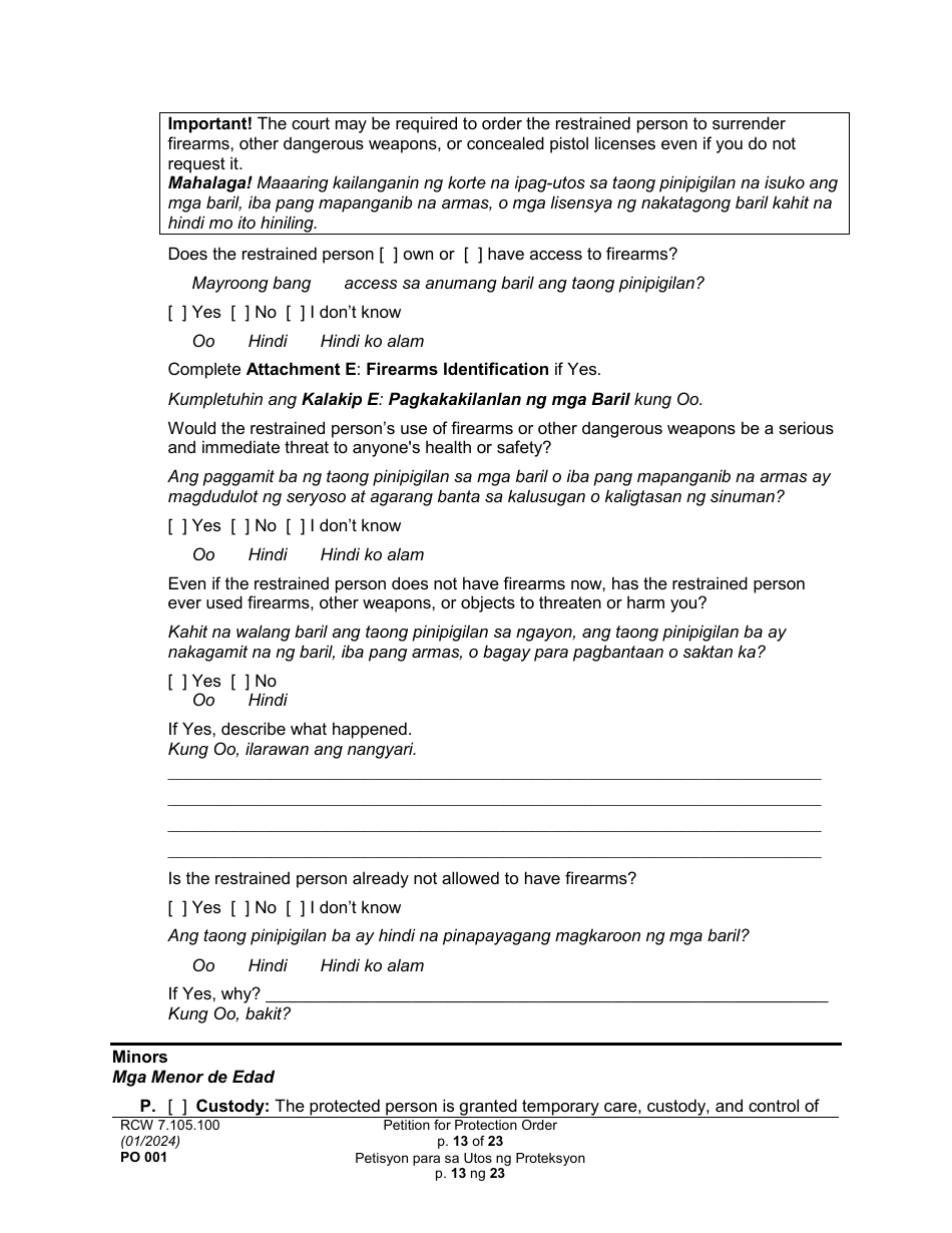 Form PO001 Petition for Protection Order - Washington (English / Tagalog), Page 13