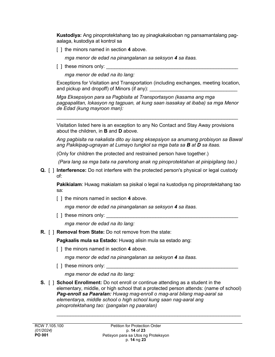 Form PO001 Petition for Protection Order - Washington (English / Tagalog), Page 14