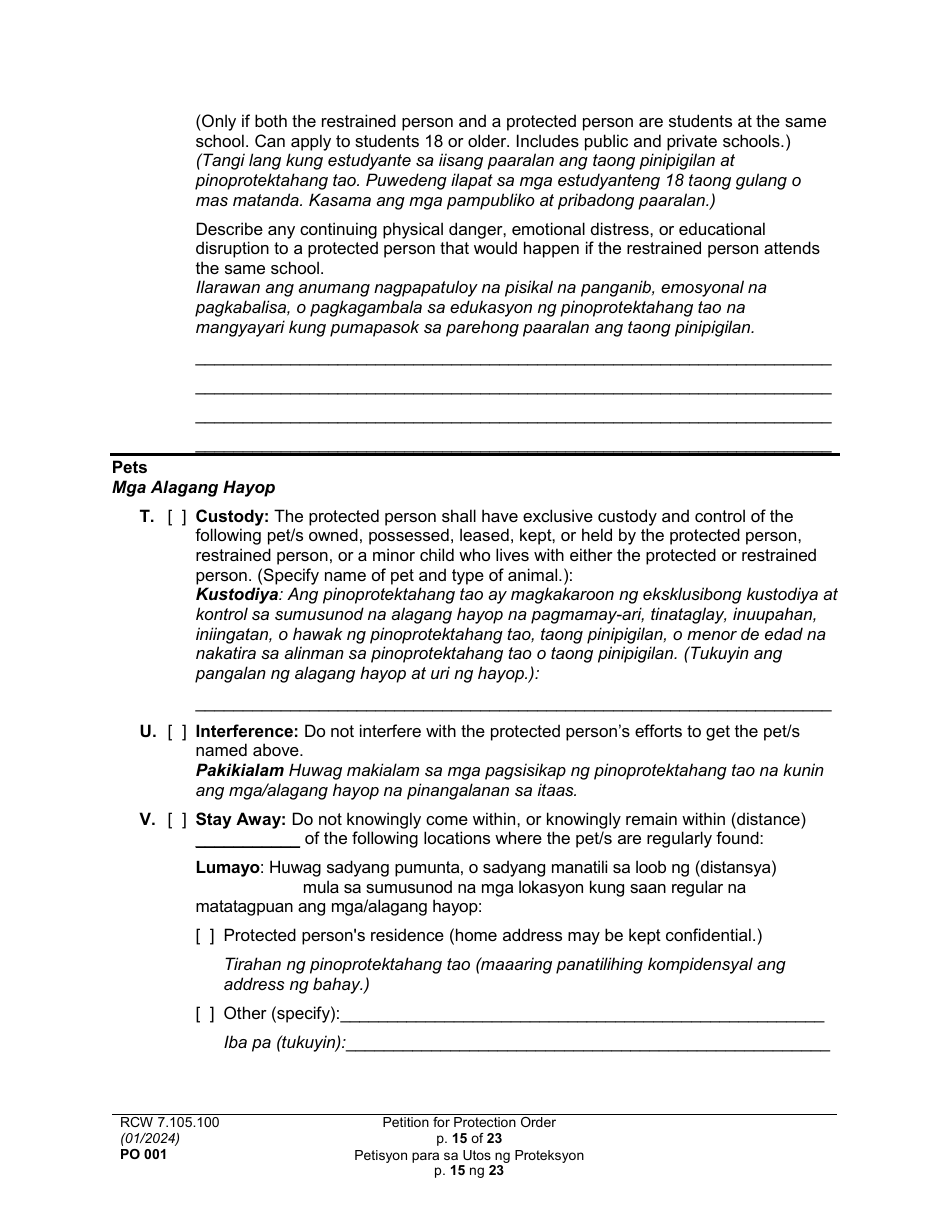 Form PO001 Petition for Protection Order - Washington (English / Tagalog), Page 15