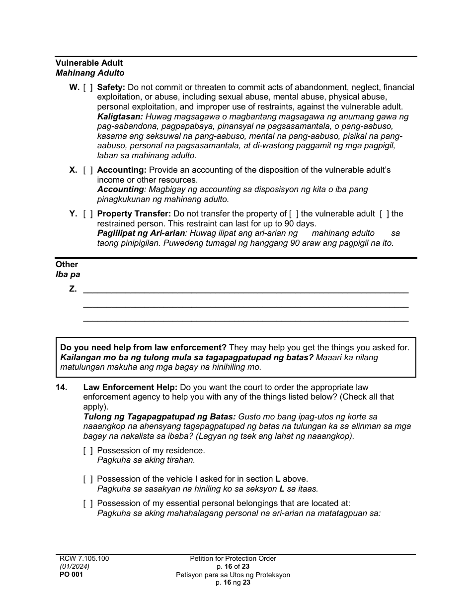 Form PO001 Petition for Protection Order - Washington (English / Tagalog), Page 16