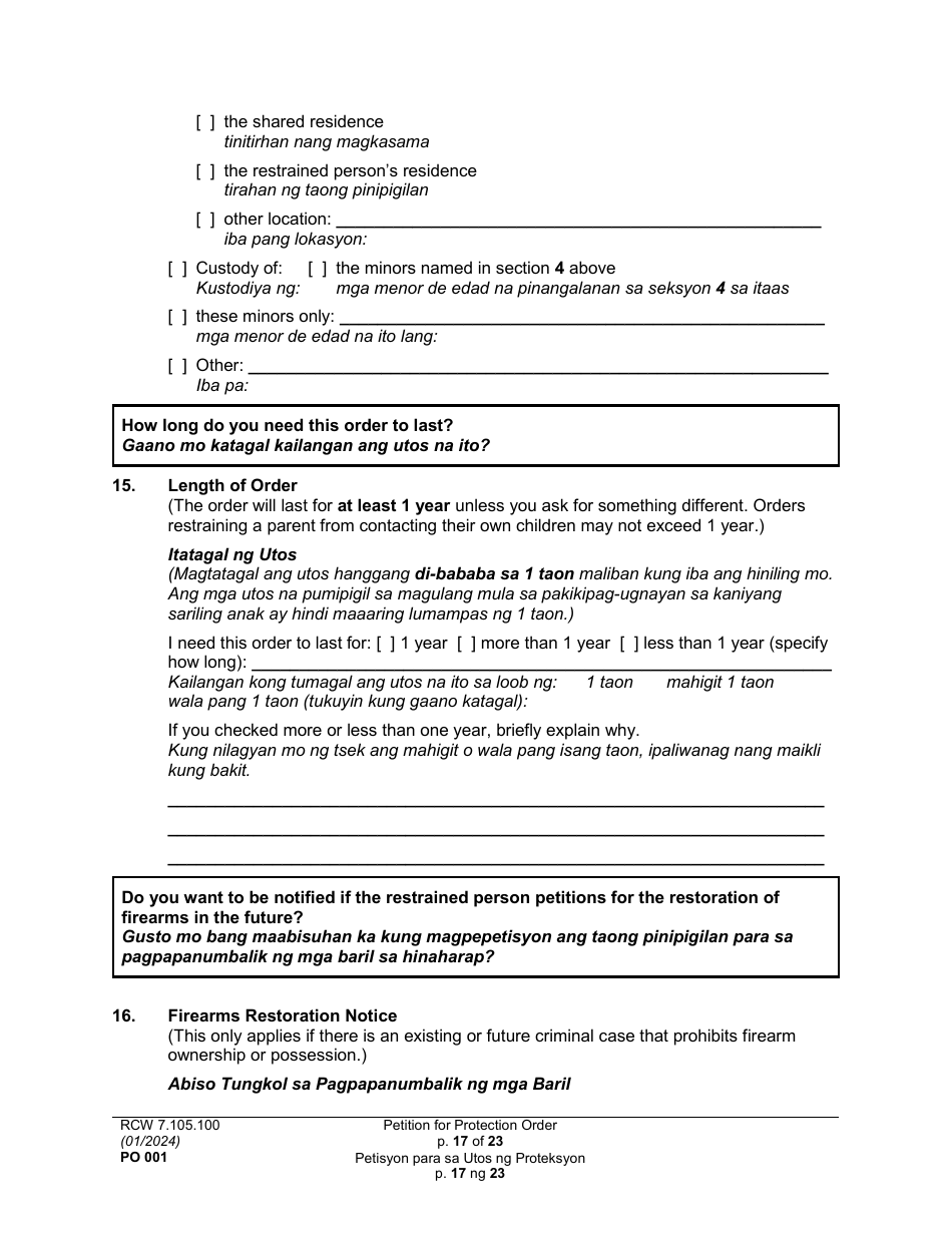 Form PO001 Petition for Protection Order - Washington (English / Tagalog), Page 17