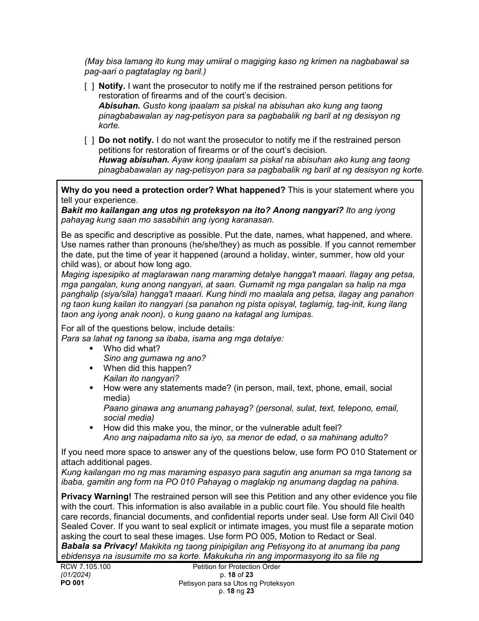 Form PO001 Petition for Protection Order - Washington (English / Tagalog), Page 18