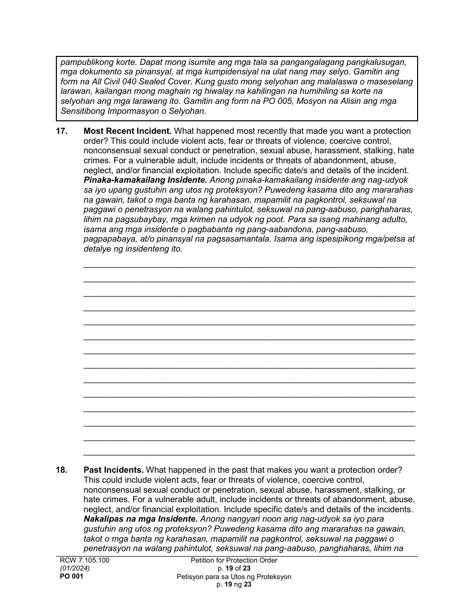Form PO001 Petition for Protection Order - Washington (English / Tagalog), Page 19