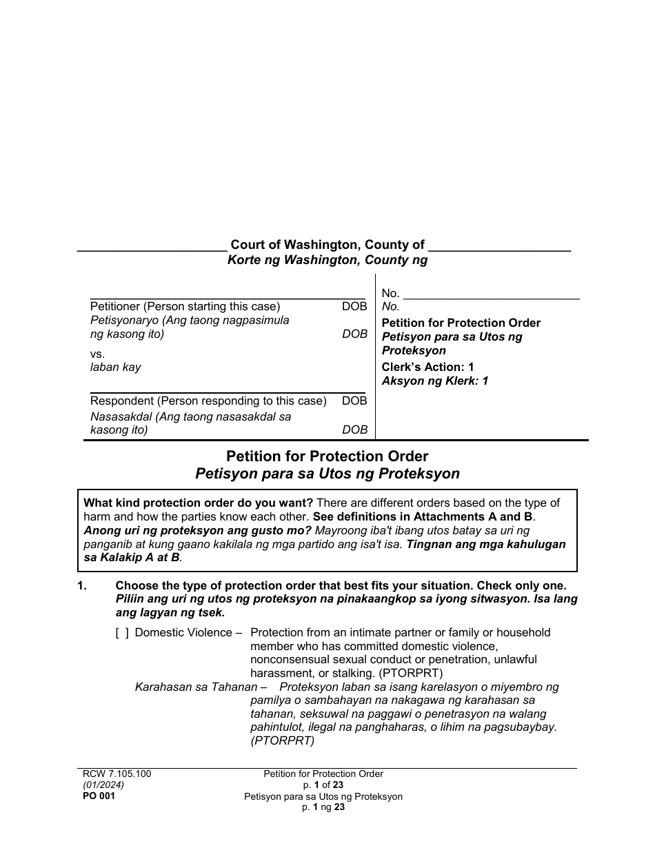 Form PO001 Petition for Protection Order - Washington (English / Tagalog), Page 1