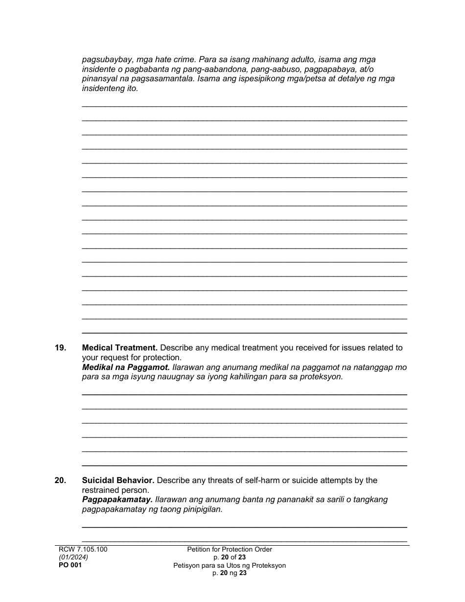 Form PO001 Petition for Protection Order - Washington (English / Tagalog), Page 20