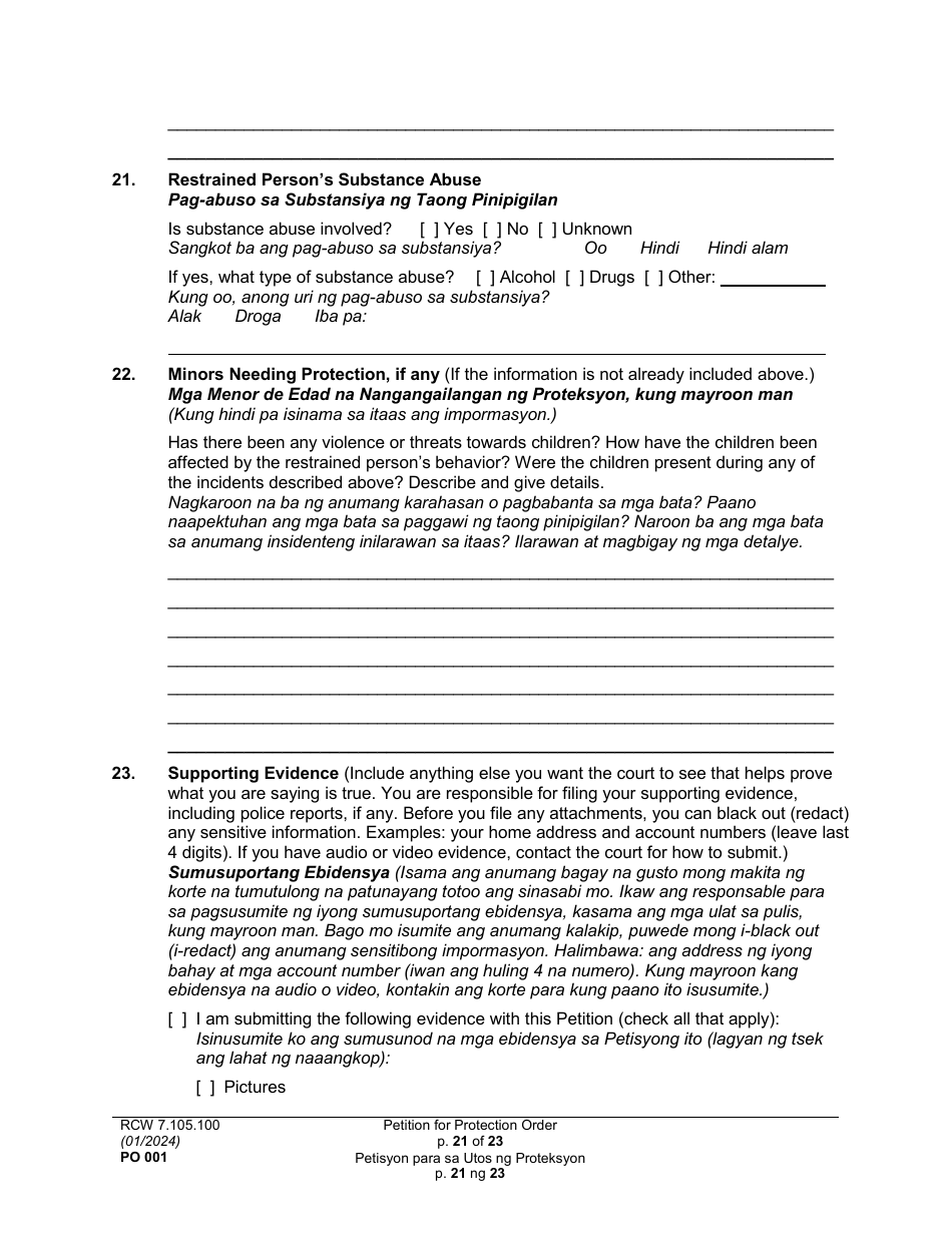 Form PO001 Petition for Protection Order - Washington (English / Tagalog), Page 21
