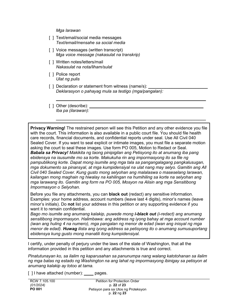 Form PO001 Petition for Protection Order - Washington (English / Tagalog), Page 22