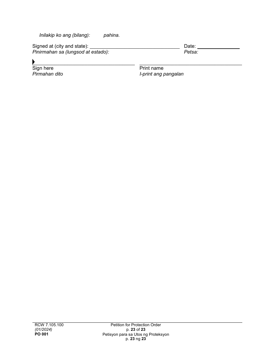 Form PO001 Petition for Protection Order - Washington (English / Tagalog), Page 23