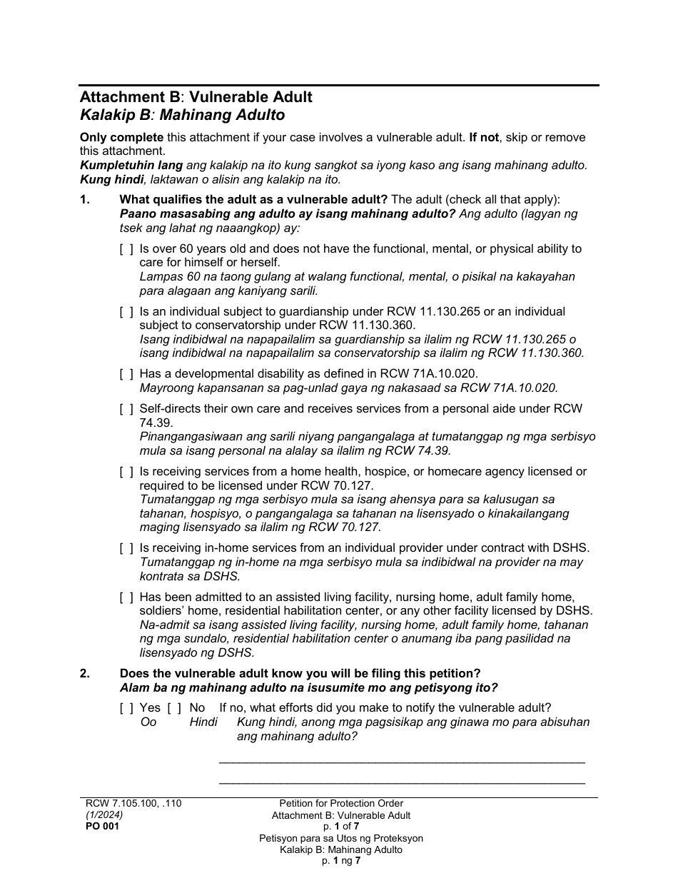 Form PO001 Petition for Protection Order - Washington (English / Tagalog), Page 27