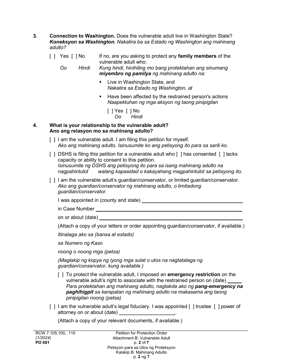 Form PO001 Petition for Protection Order - Washington (English / Tagalog), Page 28