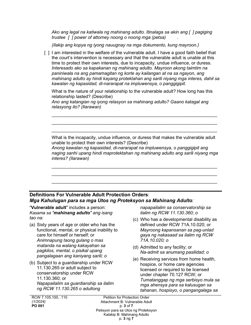 Form PO001 Petition for Protection Order - Washington (English / Tagalog), Page 29