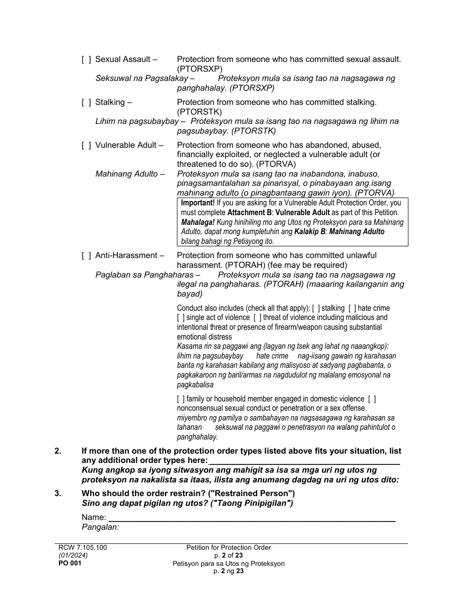 Form PO001 Petition for Protection Order - Washington (English / Tagalog), Page 2