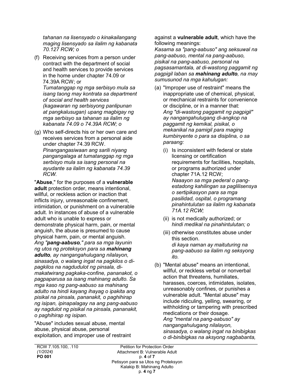 Form PO001 Petition for Protection Order - Washington (English / Tagalog), Page 30