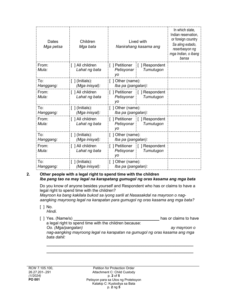 Form PO001 Petition for Protection Order - Washington (English / Tagalog), Page 35