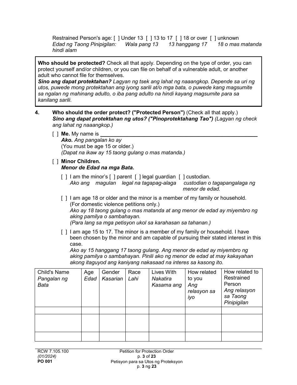 Form PO001 Petition for Protection Order - Washington (English / Tagalog), Page 3