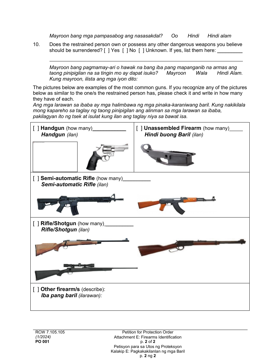Form PO001 Petition for Protection Order - Washington (English / Tagalog), Page 43