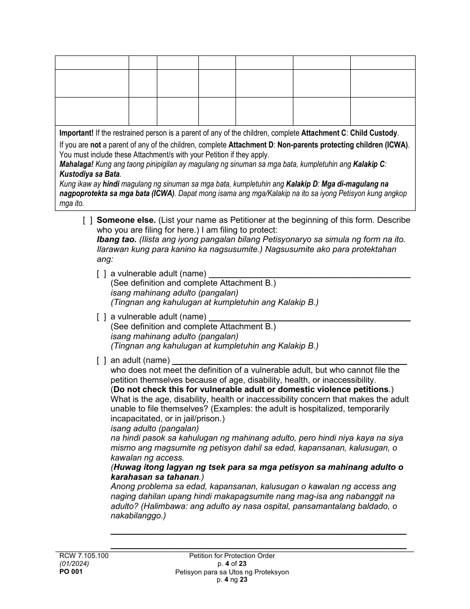 Form PO001 Petition for Protection Order - Washington (English / Tagalog), Page 4