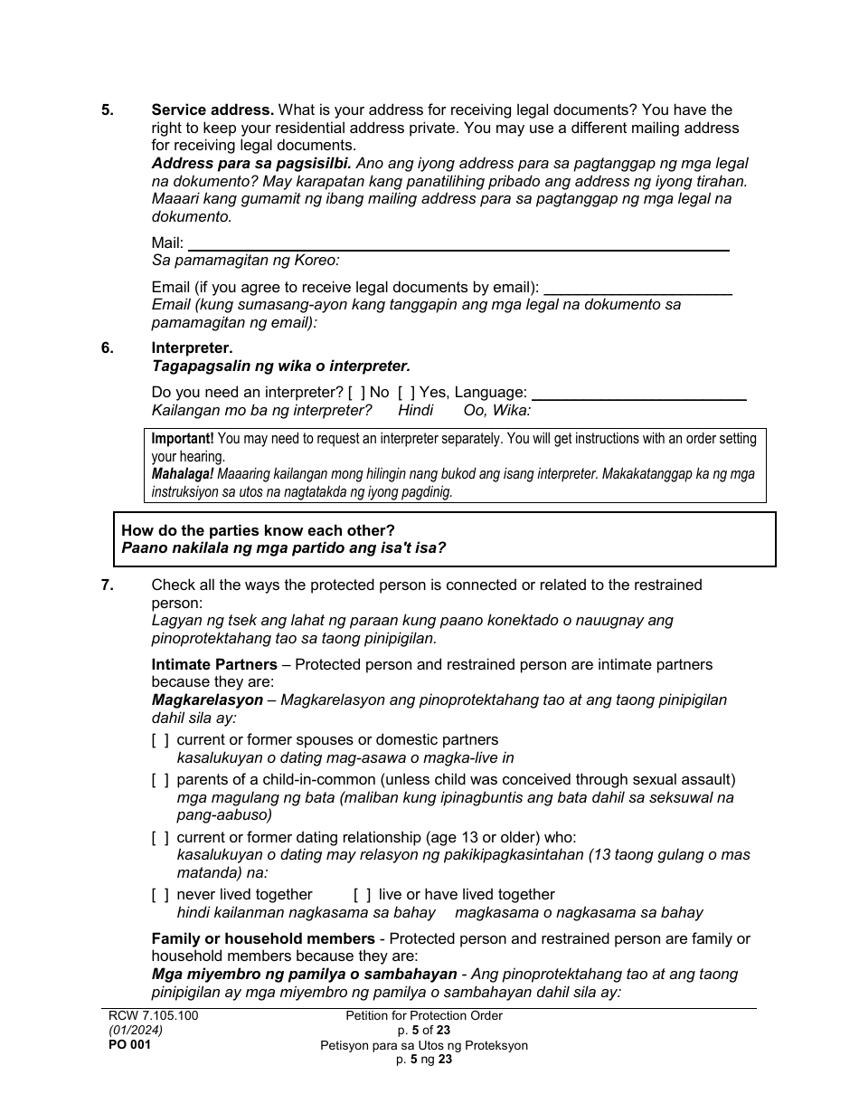 Form PO001 Petition for Protection Order - Washington (English / Tagalog), Page 5