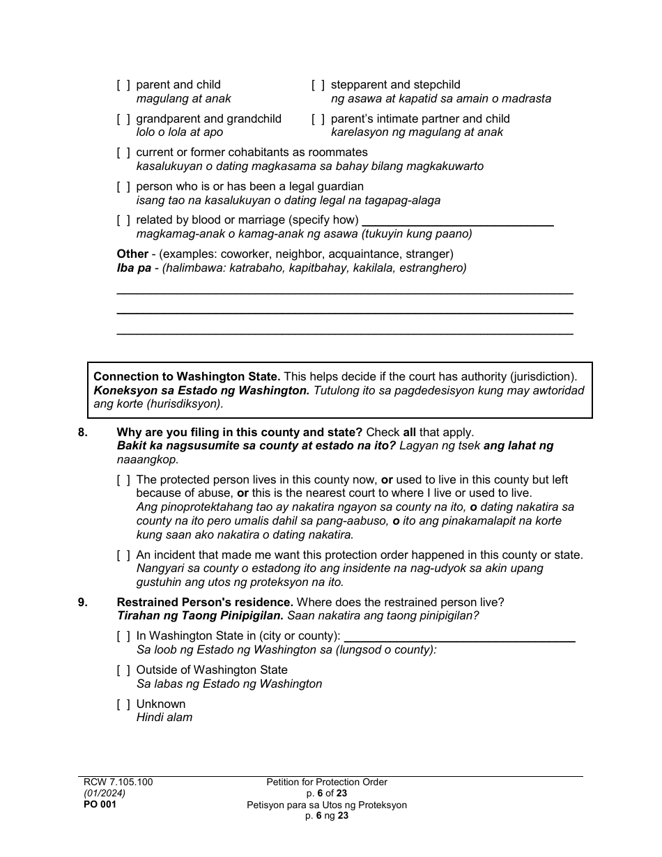 Form PO001 Petition for Protection Order - Washington (English / Tagalog), Page 6