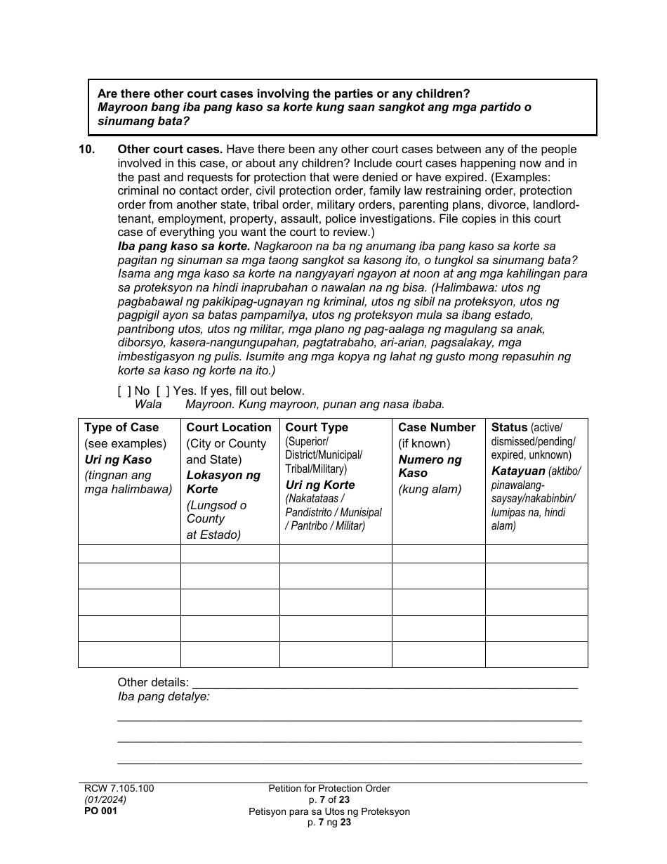 Form PO001 Petition for Protection Order - Washington (English / Tagalog), Page 7