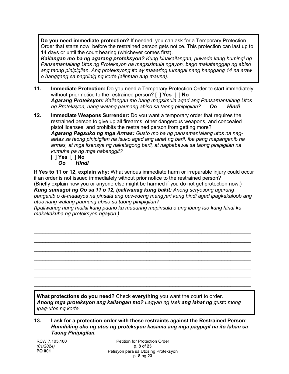 Form PO001 Petition for Protection Order - Washington (English / Tagalog), Page 8