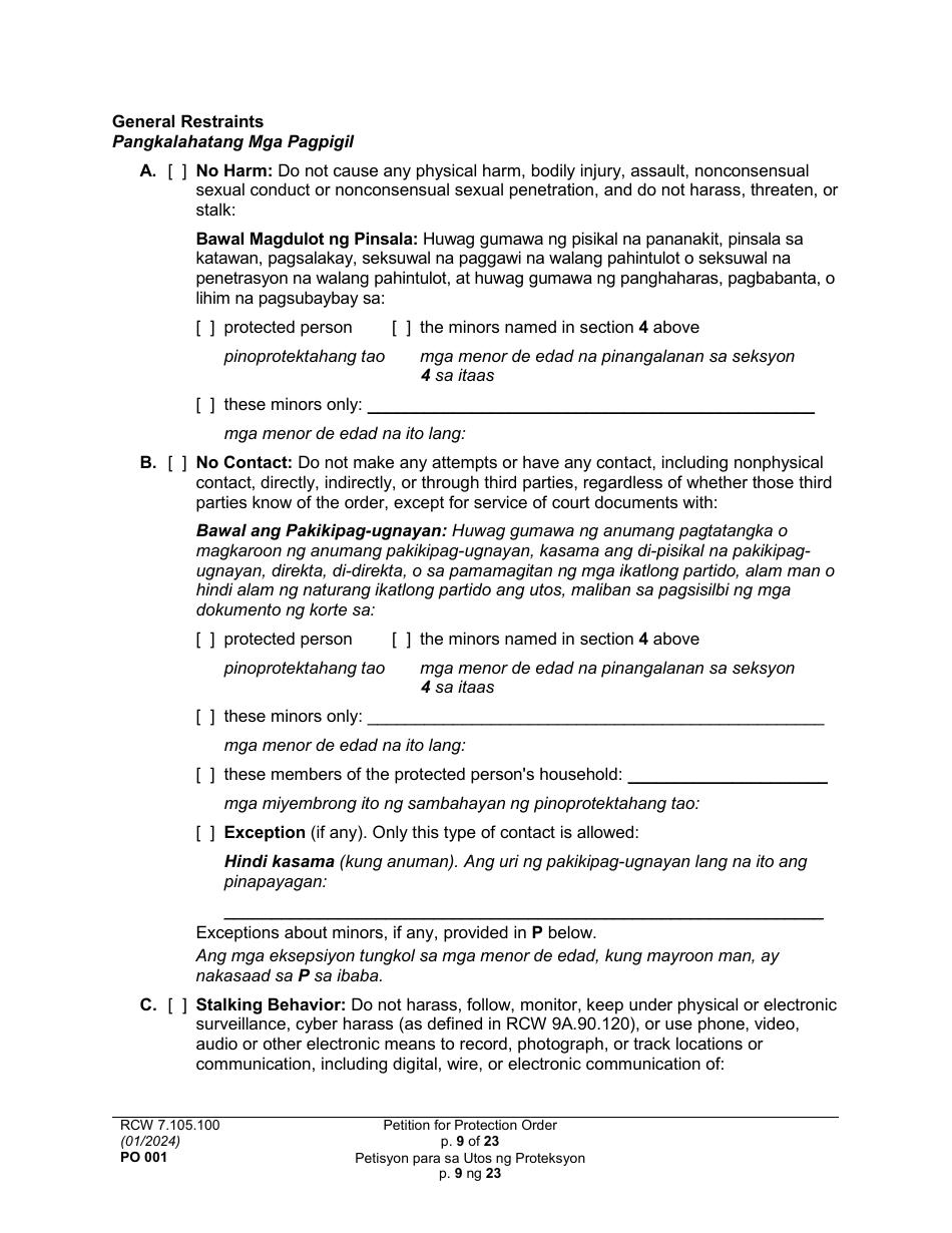 Form PO001 Petition for Protection Order - Washington (English / Tagalog), Page 9