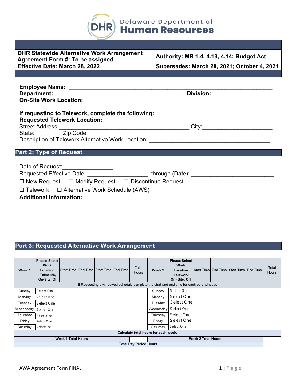 Alternative Work Arrangement (Awa) Agreement Form - Delaware, Page 1