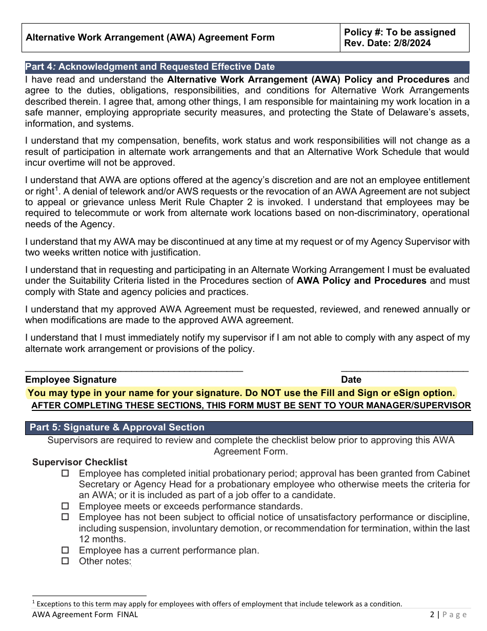 Delaware Alternative Work Arrangement (Awa) Agreement Form - Fill Out ...