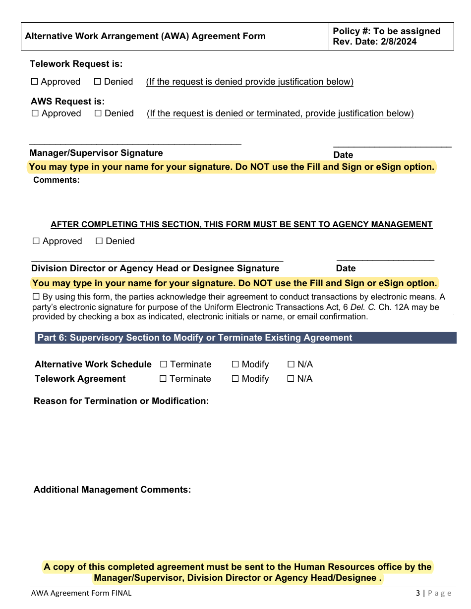 Delaware Alternative Work Arrangement (Awa) Agreement Form - Fill Out ...