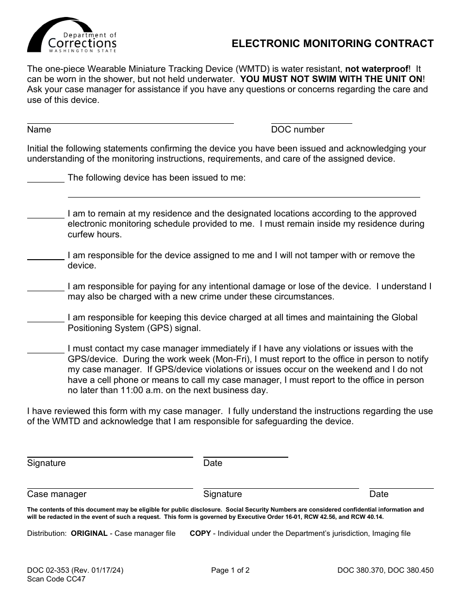 Form DOC02-353 Electronic Monitoring Contract - Washington, Page 1