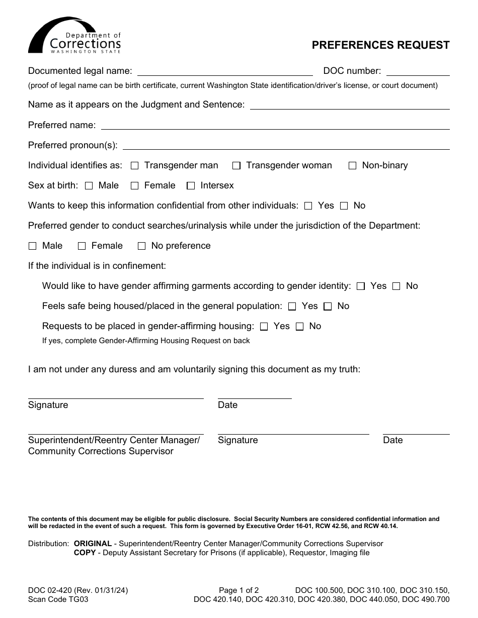 Form DOC02-420 Preferences Request - Washington, Page 1