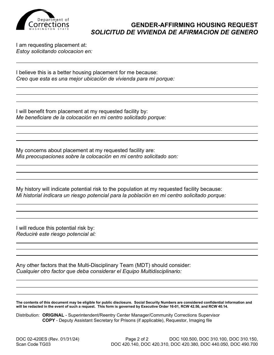 Form DOC02-420ES Preferences Request - Washington (English / Spanish), Page 2