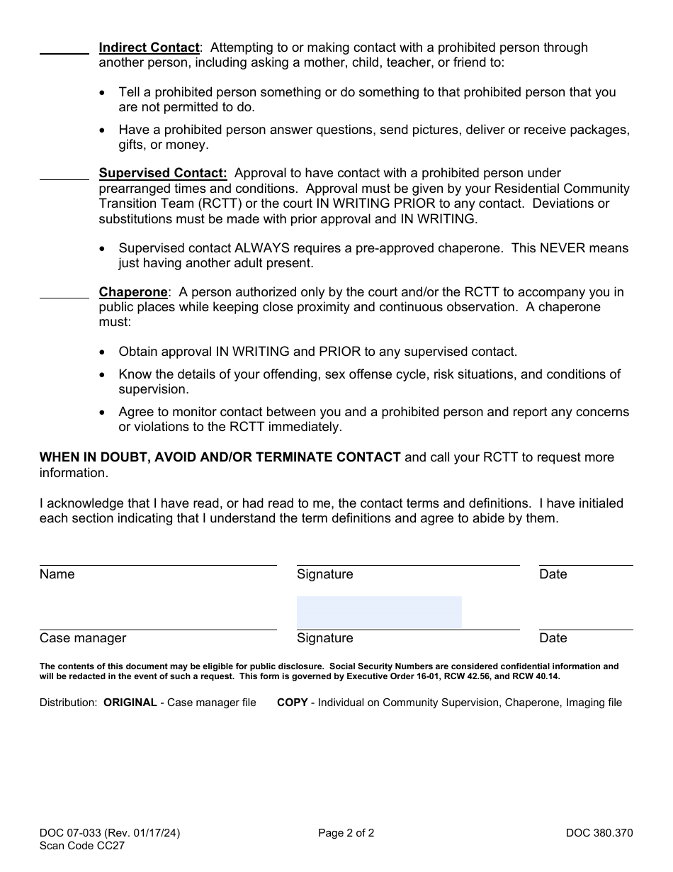 Form DOC07-033 Prohibited Contact Definitions - Washington, Page 2