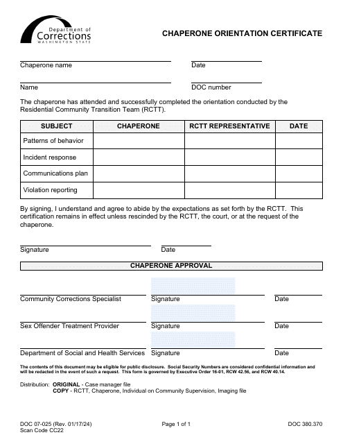Form DOC07-025 Chaperone Orientation Certificate - Washington