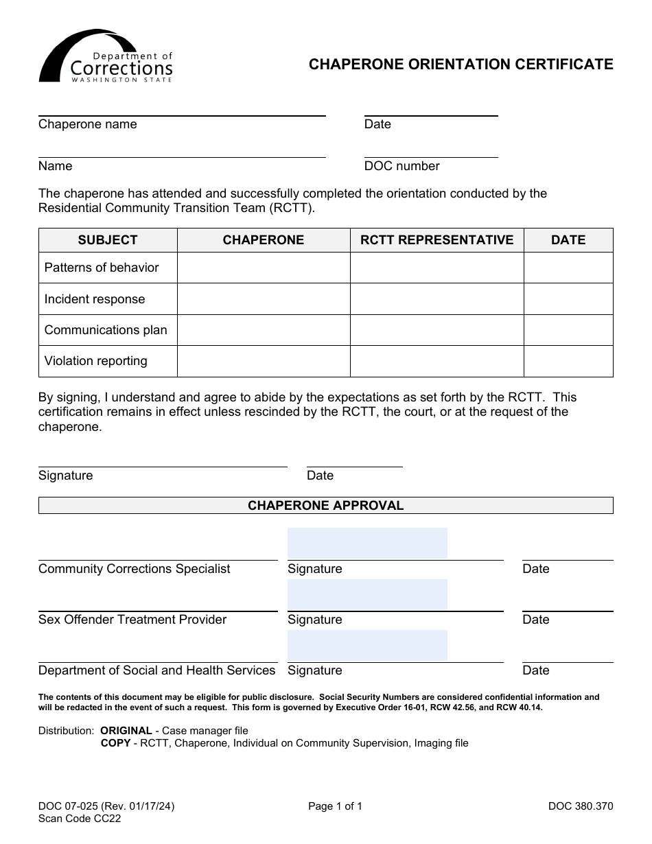 Form DOC07-025 Chaperone Orientation Certificate - Washington, Page 1
