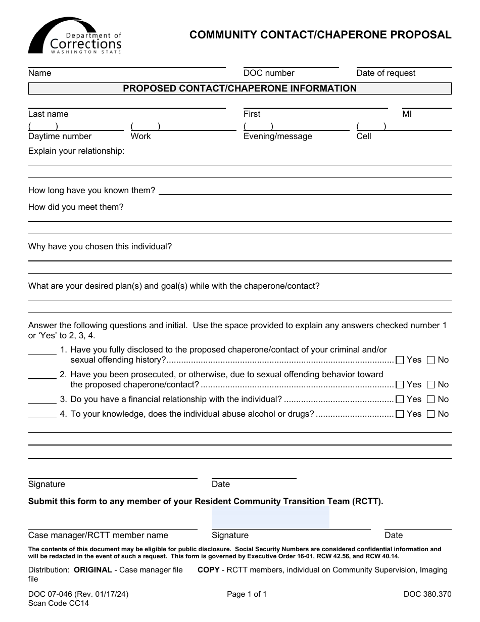 Form DOC07-046 Community Contact / Chaperone Proposal - Washington, Page 1