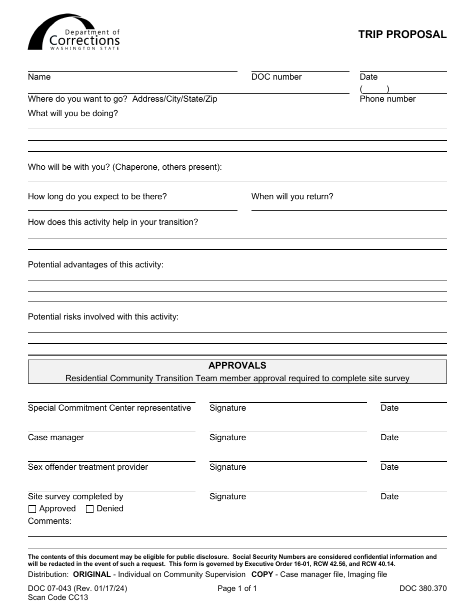Form DOC07-043 Trip Proposal - Washington, Page 1